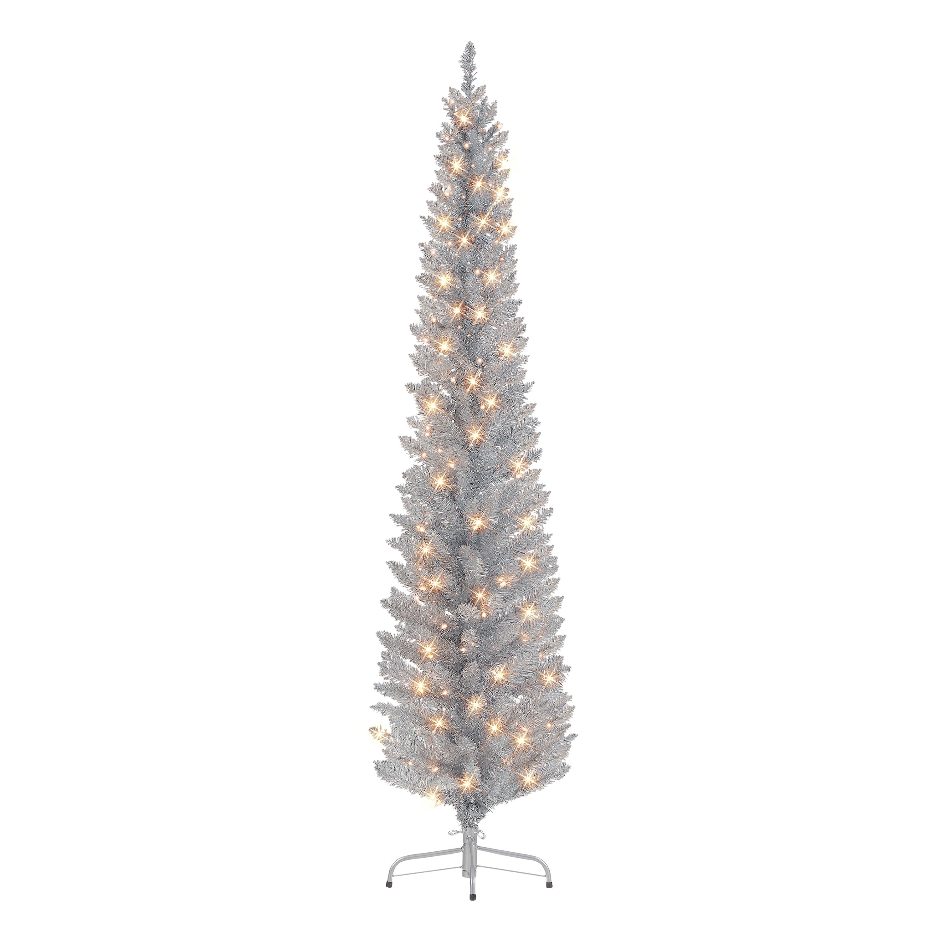 6 ft Pre-lit Silver Tinsel Pencil Tree 250 Tips 100 UL Clear Lights Metal stand 2642A-STSV60C1